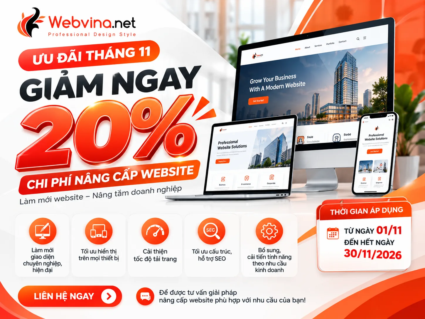 Webvina giảm 20% chi phí nâng cấp website tháng 11/2026